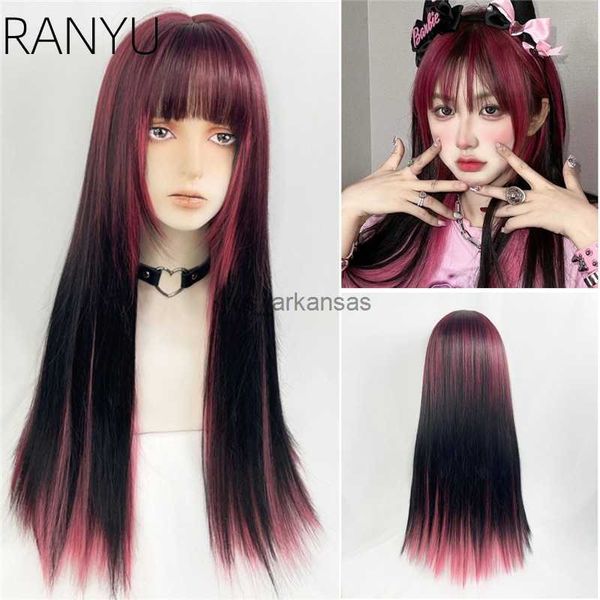 Perruques synthétiques Ranyu Brown Pink Highlights Long droite Wig Synthétique Double Color Girl Girl Cosplay Utilisation quotidienne avec Bangs Lolita Wigs HKD230818