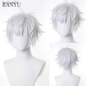 Synthetische Pruiken RANYU Witte Mannen Pruik Korte Rechte Synthetische Anime Haar Hoge Temperatuur Vezel voor Cosplay PartyL231024