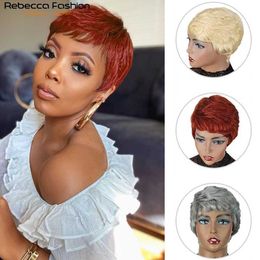 Perruques Synthétiques Rebecca Court Mignon Coupe Pixie Perruques Cheveux Raides Péruvien Remy Humain pour Femmes Complet Noir Rouge Gris Dhl Expédition Rapide 230227