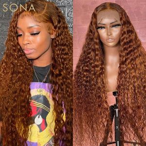 Synthetic Wigs Red Burgundy Ginger Brown Colored Curly Lace Front Wig 13X6 HD Transparent Frontal Human Hair For Women Pre Plucked 230314