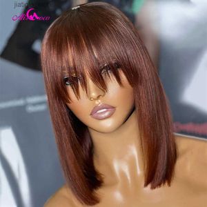 Pelucas sintéticas marrón rojizo 180 densidad recta corta bob peluca de cabello humano con flequillo a máquina llena hecha peluca de peluca de cabello humano Y240401