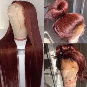 Pelucas sintéticas Marrón rojizo Frente de encaje Cabello humano Pre arrancado Hueso rojo oscuro Recto 13x4 13x6 HD Peluca frontal A la venta Liquidación 231006