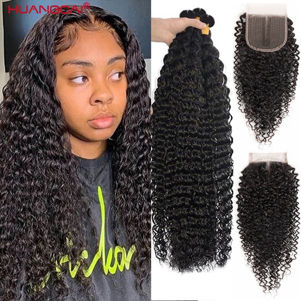 Perruques synthétiques Remy Bundles brésiliens de cheveux humains à vague profonde avec fermeture Texture bouclée 3 4 36 38 40 pouces de longueur 230803