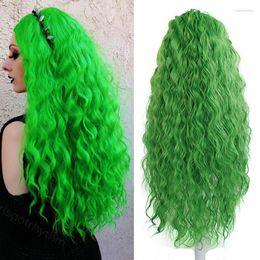 Pelucas sintéticas RONGDUOYI, frente de encaje rizado largo verde para mujeres con parte lateral, peluca suelta prearrancada, fibra amigable con el calor