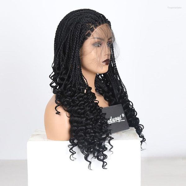 Pelucas sintéticas RONGDUOYI largo 2X trenzado trenzado peluca con malla frontal pelo de fibra de Color negro para mujeres trenzas de parte libre