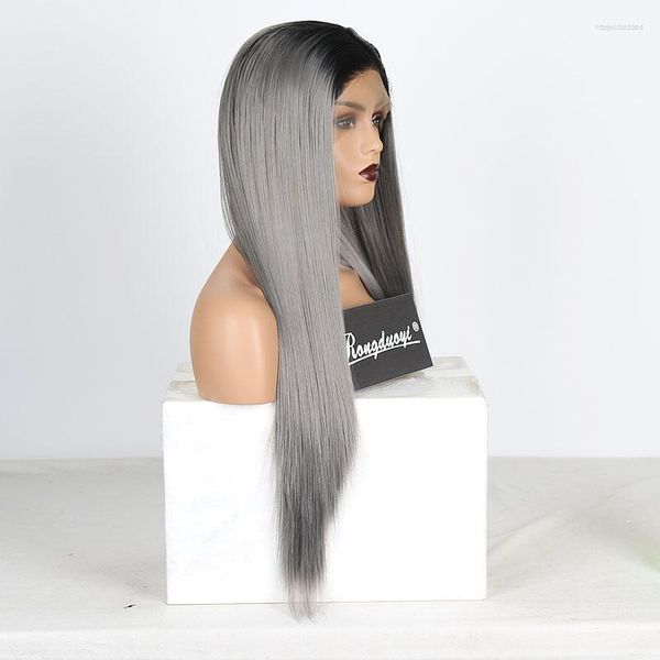 Pelucas sintéticas RONGDUOYI Ombre gris peluca larga con malla frontal sedoso recto resistente al calor para mujeres dos tonos gris Cosplay