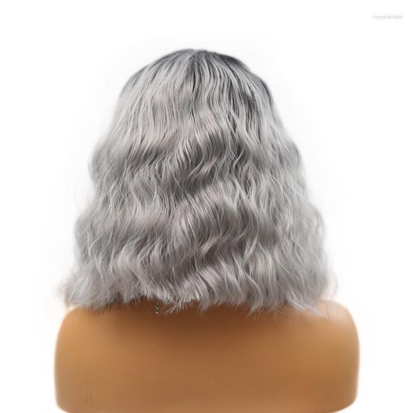 Pelucas sintéticas RONGDUOYI, cabello humano gris plateado degradado, peluca con malla frontal para mujer, ondas sueltas, calor corto, línea de cabello Natural