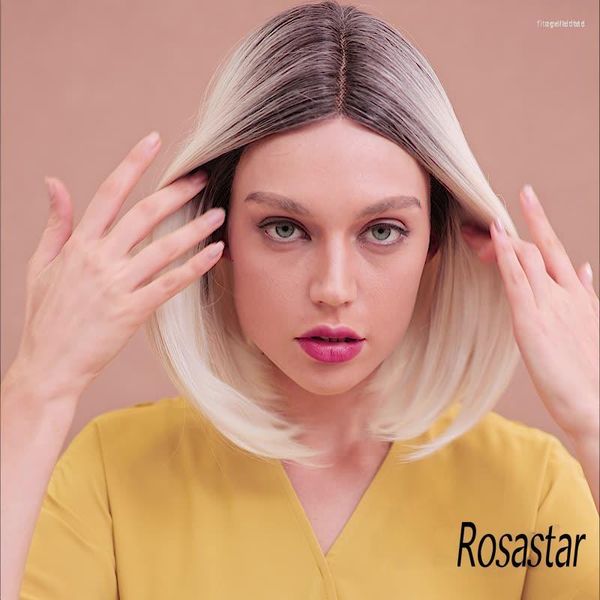 Pelucas sintéticas ROSA STAR Alta calidad Corto Ombre Platinum Blonde Con parte media BoBo Natual Fibra resistente al calor para mujeres