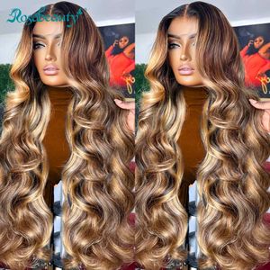 Perruques synthétiques Rosabeauty 13X6 HD Ombre mettre en évidence la vague de corps perruques 13X4 Blonde dentelle avant perruque brésilienne cheveux humains frontale pour les femmes 250 densité 240329