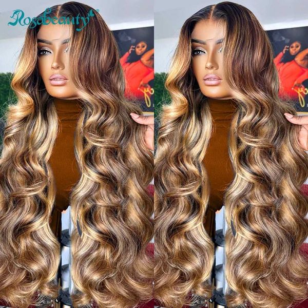 Pelucas sintéticas Rosabeauty 13X6 HD Ombre Highlight Body Wave Pelucas 13X4 Peluca delantera de encaje rubio Peluca delantera de cabello humano brasileño para mujeres 250 Densidad 240329