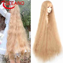 SEEANO Synthetische Pruiken 120 cm Synthetische Lang Krullend Cosplay Pruik Met Pony Rood Licht Blond Leuke Lolita Pruik Vrouwen Halloween cosplay Pruiken Vrouwelijke Q240115