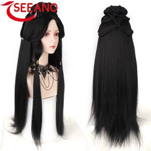 Perruques synthétiques SEEANO HANFU perruque bandeau femmes Style chinois pièces de cheveux motif Antique Cos soins accessoires noir 231215