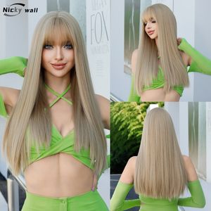 Perruques synthétiques Sexy blonde perruque avec frange longue droite frêne pour femmes résistant à la chaleur fête quotidienne Cosplay faux cheveux 230807