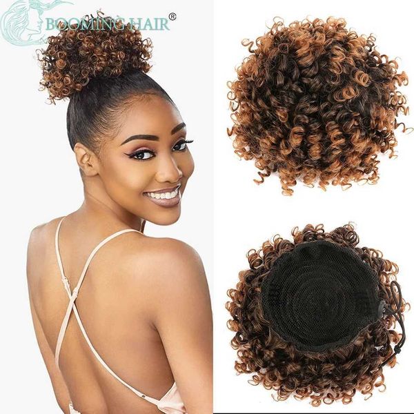 Pelucas sintéticas Corto Afro Puff Bun Ponytail Cabello sintético Cabello rizado Caballa Cabello de cola de cordón para mujeres 240329