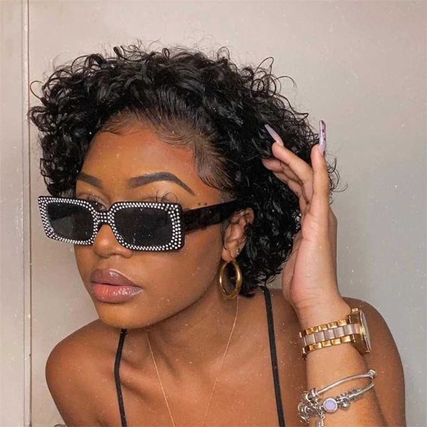 Perruques synthétiques courtes Bob Curly Pixie Cut Wig 13X1 Dentelle transparente Perruques de cheveux humains pour les femmes Deep Wave Lace Wig Preplumed Hairline Wigs Remy x0715