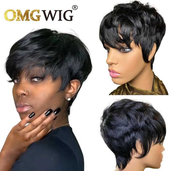 Perruques synthétiques courte Bob Pixie Coup Wig with Bangs Natural Straight Wave OMG Machine complète Fabriqué Remy Remy Human Hair Wigs pour les femmes noires 240328 240327