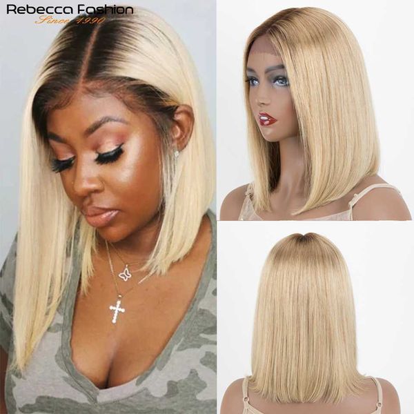 Perruques Synthétiques Court Bob Perruque Blonde Ombre Lace Front Perruques pour Femmes Droites Pré Pincées 1b613 Coloré Brésilien Cheveux Humains Sans Colle Remy 230227