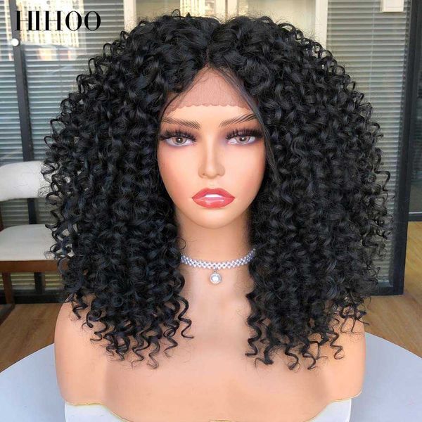 Pelucas sintéticas Peluca corta Bob Pelucas delanteras de encaje para mujeres Afro Kinky Curly Ombre Brown Synthetic Middle Nature Hair Black Headgear con clips 230227