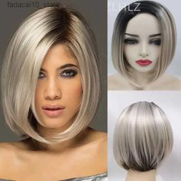 Perruques synthétiques Perruques courtes Bob pour femmes Perruques de cheveux courts et raides Racines noires Ombre Blonde Perruque Bob Coiffure Résistant à la chaleur Synthétique Perruque de fête Q240115