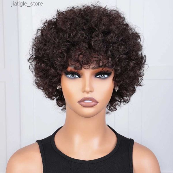 Pelucas sintéticas pelucas de cabello humano marrón corto Bob Pixie Cut Afro Kinky Brazilian Brazilian For Black Women Machine PARTE PARTE CON BANGA CARATE Y240401