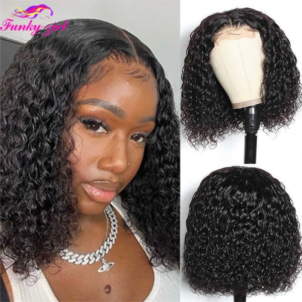 Perruques Synthétiques Court Bouclé Bob Perruque Vague D'eau Cheveux Humains Remy Brésilien 13x1 4x1 t Partie Dentelle pour Femmes Naturel Noir 180% Densité 230227