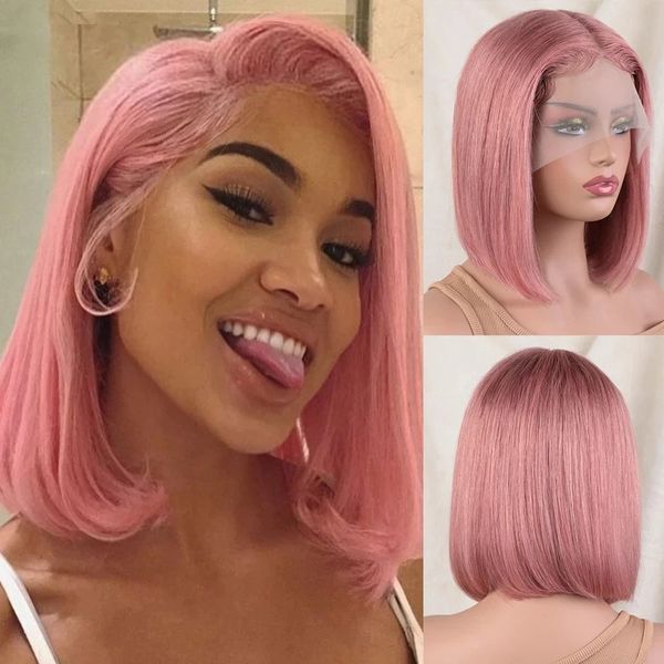 Perruques synthétiques courtes couleurs roses rose bob dentelle blonde perruques de cheveux humains 180d Transparent ombre brésilien brésilien brésilien liné