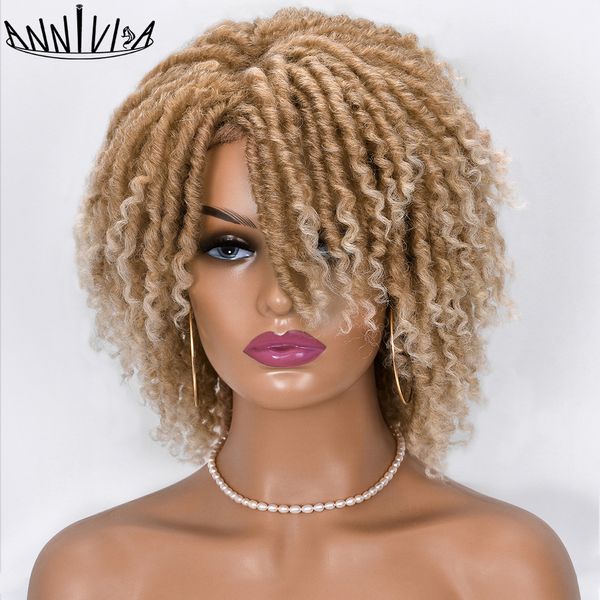 Perruques synthétiques courtes Dreadlock perruque de cheveux bouclés doux Faux Locs avec une frange pour les femmes noires Ombre Crochet Twist Annivia 230314