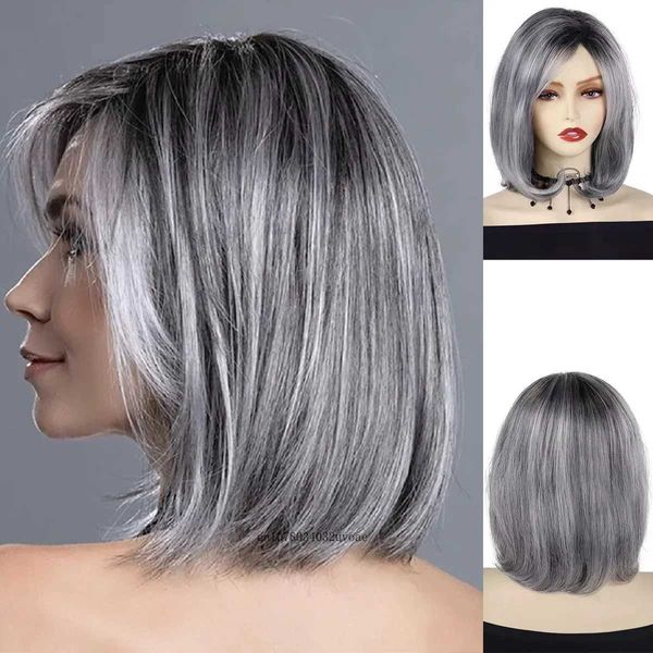 Pelucas sintéticas Peluca gris corta Pelucas Bob sintéticas naturales Raíz oscura Personas mayores Peluca de mujer Cortes de pelo naturales Cabello rizado para ancianos de moda Peluca de color degradado 240328 240327