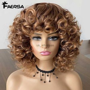 Synthetische pruiken kort haar afro kinky krullende pruiken met pony voor zwarte vrouwen donzige synthetische Afrikaanse ombre gluess cosplay natuurlijke bruine pruiken hkd230818