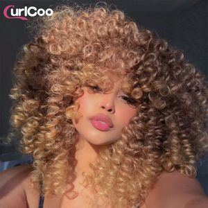 Pelucas sintéticas Pelo corto Afro Kinky Rizado con flequillo para mujeres negras Fluffy Ombre Sin cola Cosplay Resaltado natural Peluca rubia 230413