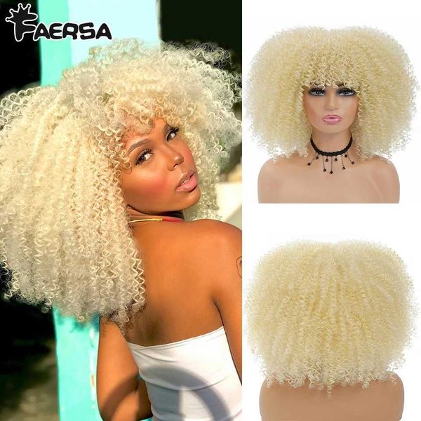 Pelucas sintéticas Pelo corto Afro Kinky Pelucas rizadas con flequillo para mujeres negras Rubio Africano Sintético Ombre Sin cola Peluca de cosplay Alta temperatura 240329