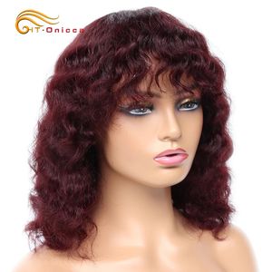 Pelucas sintéticas Pelucas de cabello humano corto para mujeres Pelucas de cabello brasileño de onda profunda con flequillo Peluca completa sin cola Remy Cabello humano 231012