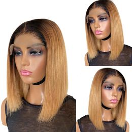 Perruques synthétiques Court Ombre Miel Blonde Bob Perruque Avec Des Cheveux De Bébé Miel Brun Droite Perruques De Cheveux Humains Dentelle Partie 1b27 Brun Perruques Pour Les Femmes Noires 230830