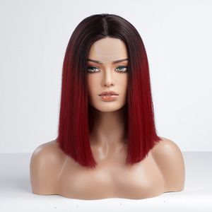 Perruques Synthétiques Court Ombre Vin Rouge Cosplay Perruques Perruques Synthétiques pour Femmes Droite Bob Cheveux Milieu Partie Naturelle Blonde Perruques Halloween Perruque 230725