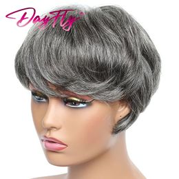 Perruques synthétiques Perruques courtes coupe lutin perruques grises ondulées naturelles avec frange couleur de surbrillance cheveux brésiliens P1B 30 44 34 perruques de cheveux humains pour femmes 231012