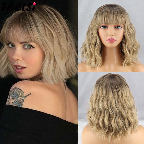 Pelucas sintéticas Corto Platinum Bob Negro Rosa Rubio Omber Peluca ondulada Raíces oscuras con flequillo Para mujeres Uso diario Cosplay natural 230417