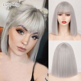 Perruques synthétiques courtes argent gris Bob avec frange droite pour les femmes Cosplay Daily Party rouge blackpink perruque 230417