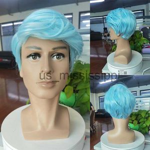 Perruques synthétiques Courte Droite Bleu Clair Perruque Synthétique Avec Bangs Cosplay Halloween Perruques Pour Hommes Garçon Usure Quotidienne Nature Résistant À La Chaleur Faux Cheveux x0826