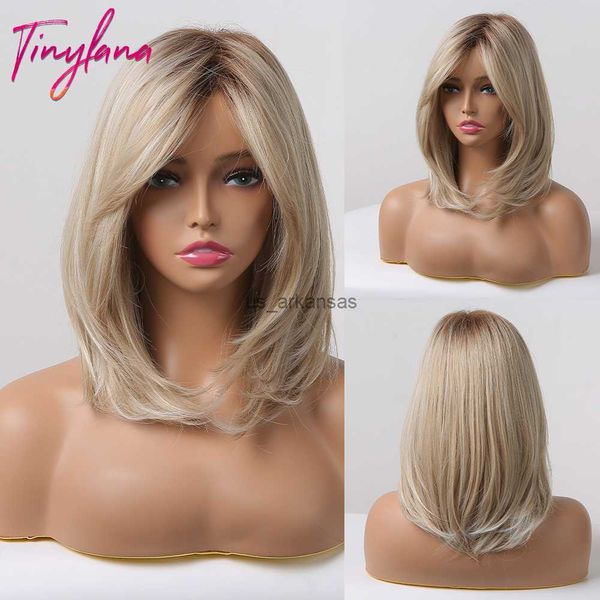 Perruques synthétiques courtes blondes légères raies blondes blondes synthétiques avec frange la longueur d'épaule bob perruque de cheveux pour femmes cheveux naturels résistants à la chaleur hkd230818