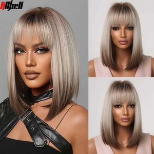 Perruques synthétiques Perruques synthétiques courtes et droites pour femmes Blonde à brune Ombre Bob Perruques avec frange Quotidien Cosplay Party Résistant à la chaleur Faux cheveux 240329