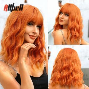 Perruques synthétiques épaule longue cuivre gingembre orange vague d'eau pour les femmes résistant à la chaleur quotidien Halloween cosplay avec frange 230425