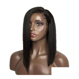 Perruques synthétiques partie latérale dentelle avant cheveux humains brésilien Remy droite courte Bob perruque avec bébé pré plumé pour les femmes noires 9699703 Drop Dhqel