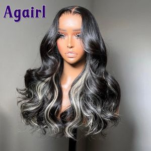 Perruques synthétiques Argent Gris Highlight 32 30 pouces Perruque frontale en dentelle de cheveux humains Gris Noir Transparent 13X4 13x6 Full Lace Body Wave Lace Front Wig 231108