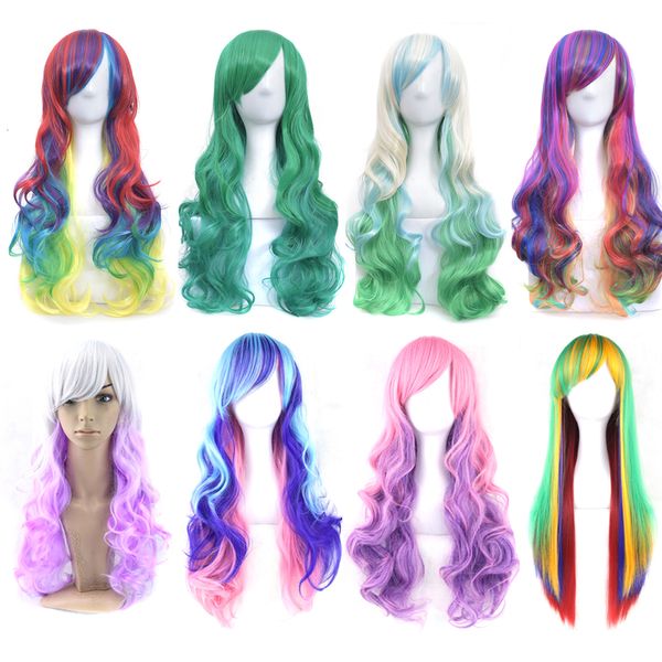 Pelucas sintéticas Soowee Long Ombre Rainbow Cosplay peluca con flequillo rojo amarillo púrpura verde pelo azul para mujeres negras 230314