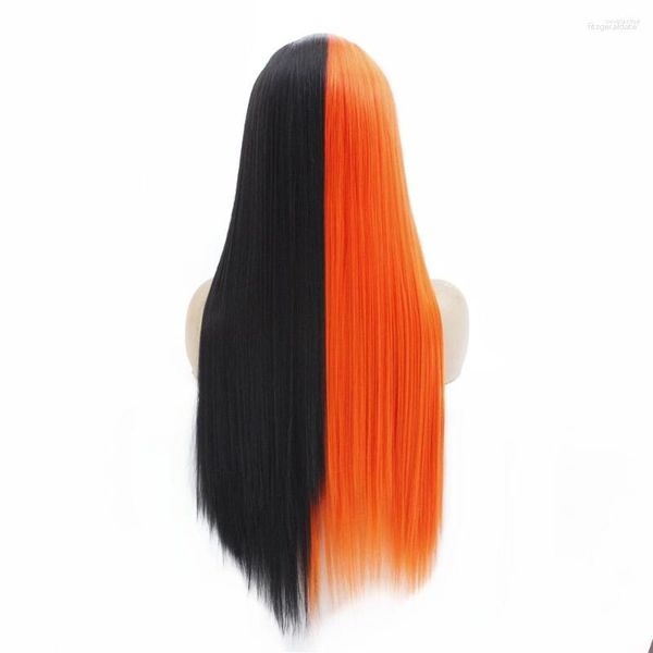 Pelucas sintéticas estilo colorido largo recto peluca con malla frontal BlackOrange Cosplay para mujeres resistente al calor suave Drag Quee
