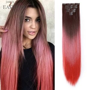 Pelucas sintéticas Centro de cabello sintético en el cabello Cabello largo y liso Cuelas gruesas para mujeres Ombre rosa cosplay natural cabello falso 16 clip y240401