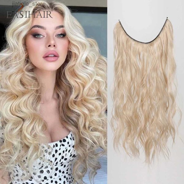 Wigs synthétiques cheveux synthétiques invisibles plieur à cheveux pour les femmes longues blondes ondulées une pièce faux-coiffure sans clips de la perruque de cheveux naturels y240401