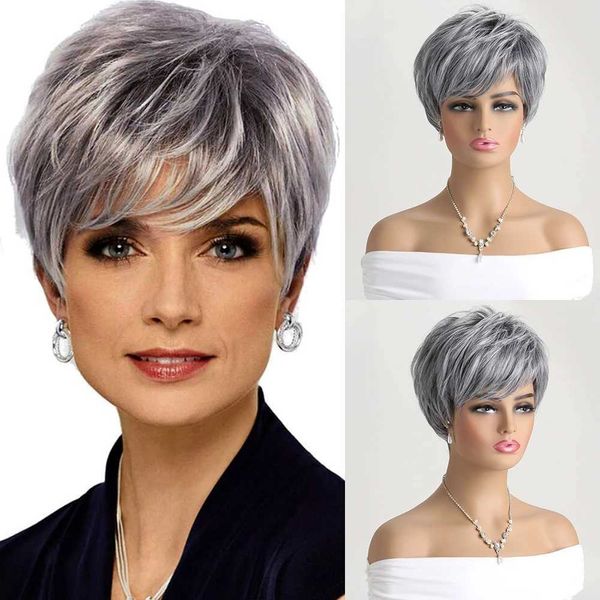 Perruques synthétiques cheveux synthétiques coupe courte perruque grise mélangée pour femmes perruques bouclées en couches résistantes à la chaleur avec frange pour un usage quotidien 240329
