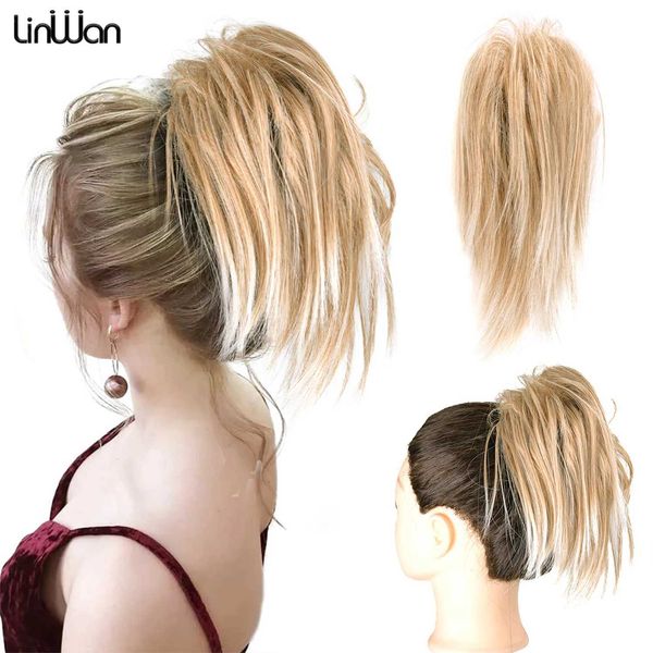 Pelucas sintéticas Moño recto sintético desordenado y esponjoso con garra moño para el cabello moño para el cabello envoltura Updo piezas de cabello falsas para mujeres 240329