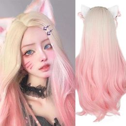 Synthetische pruiken Synthetische pruiken Lang Golvend Pruik Ombre Gouden Pruik Roze Pruik Vrouw Ahri KDA Cosplay Medium Natuurlijk haar Hoge temperatuurvezel Pruik 240328 240327